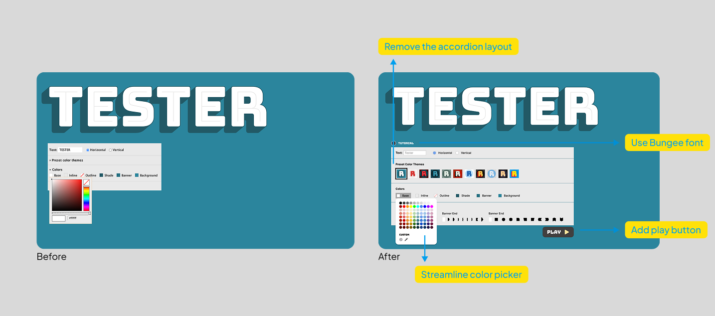 Before and after images of the Bungee font tester showing accessibility improvements