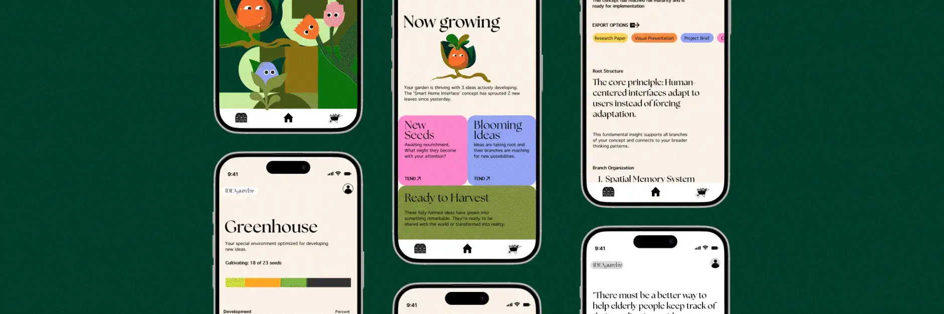 The Idea Garden app showing ideas growing from seeds to mature plants