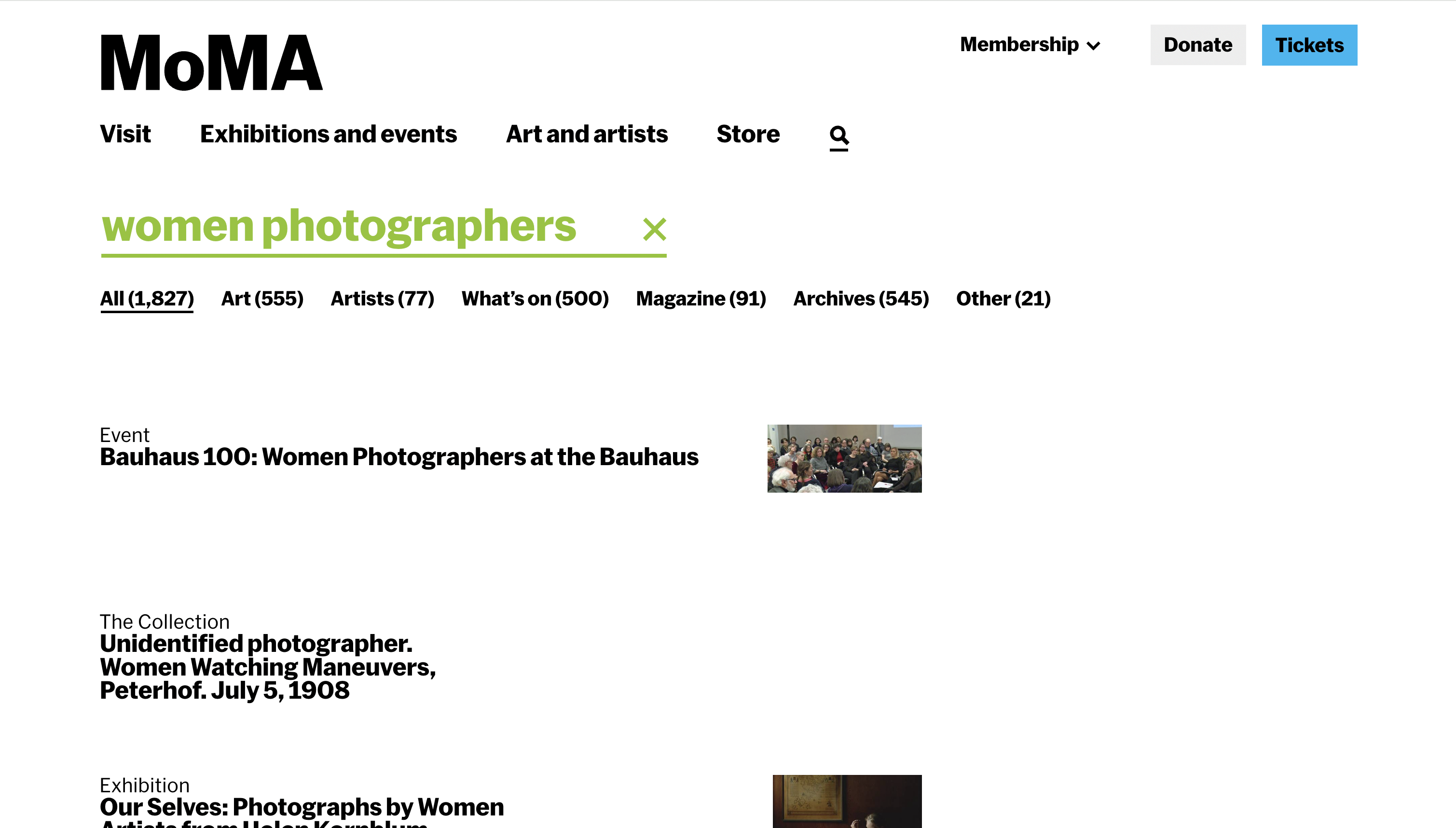 MoMA search — All tab, women photographers query