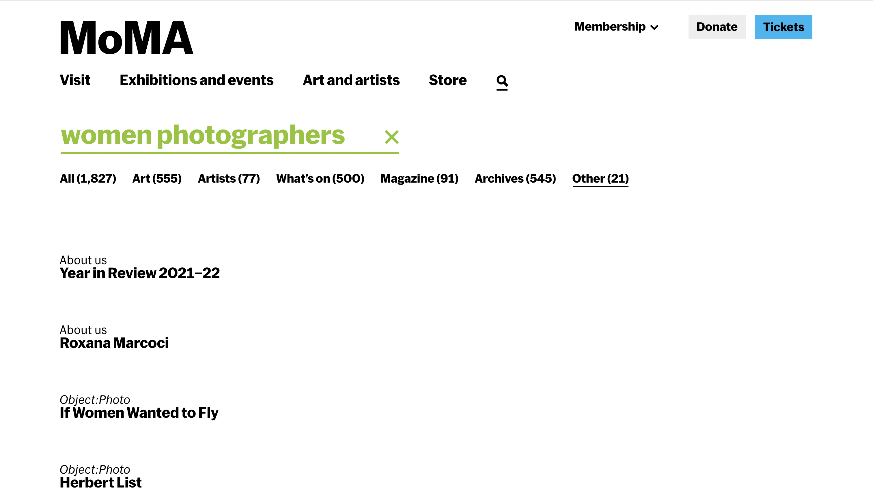 MoMA search — Other tab showing mixed content types